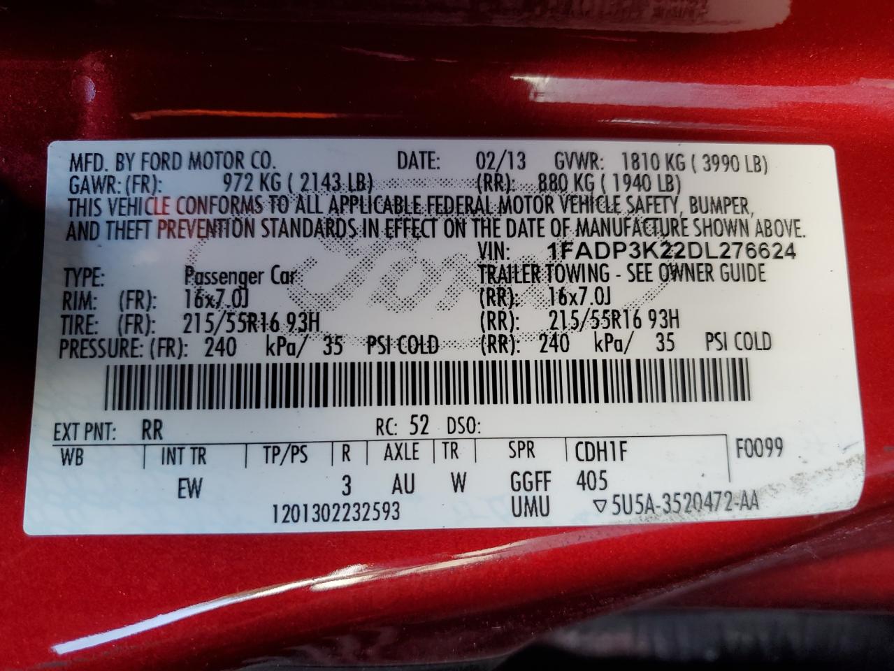 2013 Ford Focus Se VIN: 1FADP3K22DL276624 Lot: 64778745