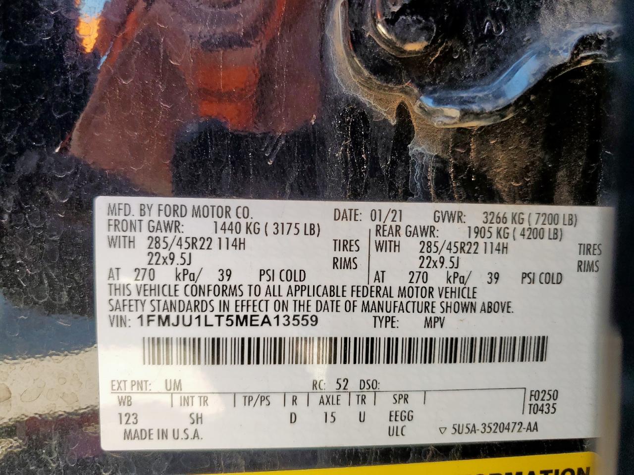 2021 Ford Expedition Platinum VIN: 1FMJU1LT5MEA13559 Lot: 64033445