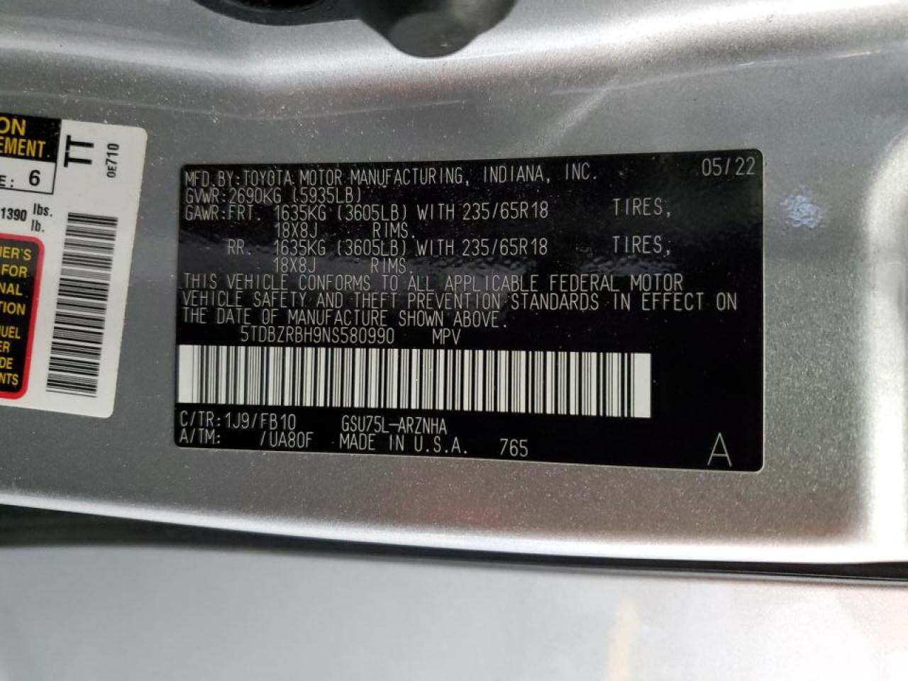 2022 Toyota Highlander L VIN: 5TDBZRBH9NS580990 Lot: 62736155
