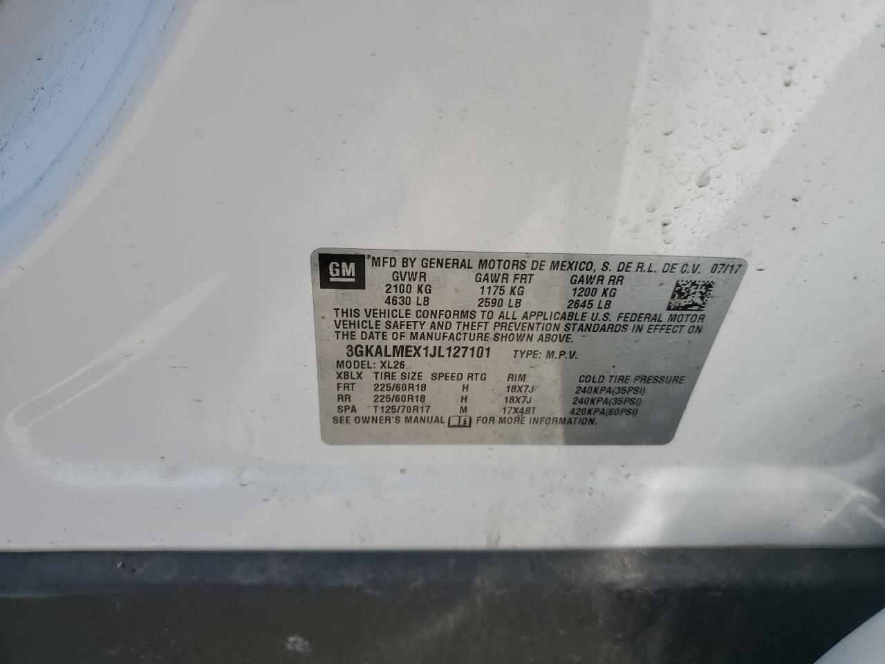 2018 GMC Terrain Sle VIN: 3GKALMEX1JL127101 Lot: 63702415
