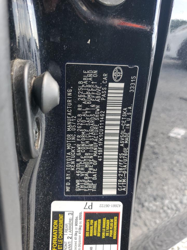 2012 Toyota Camry Base VIN: 4T1BF1FK1CU111462 Lot: 65463135