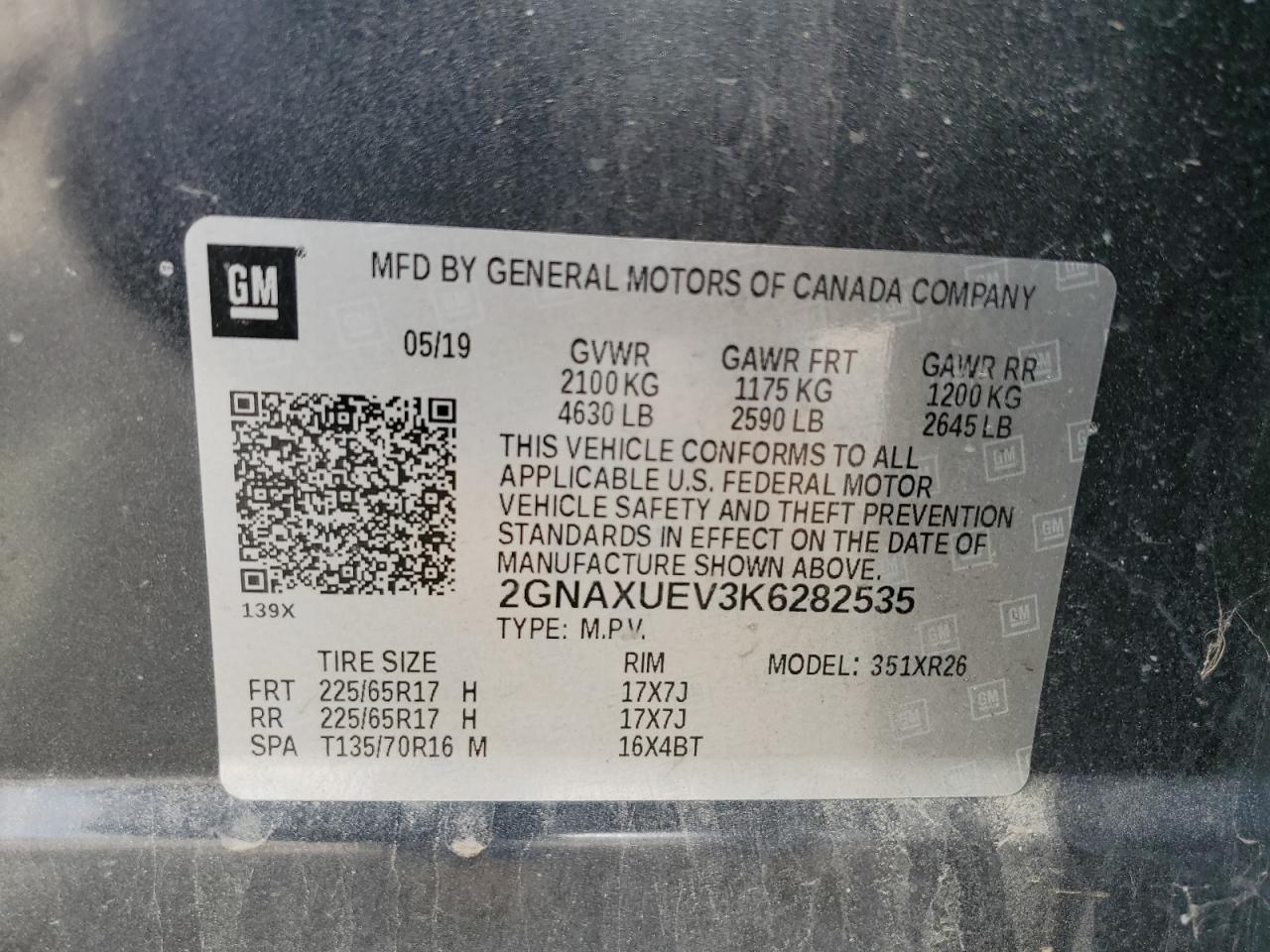 2019 Chevrolet Equinox Lt VIN: 2GNAXUEV3K6282535 Lot: 65038555