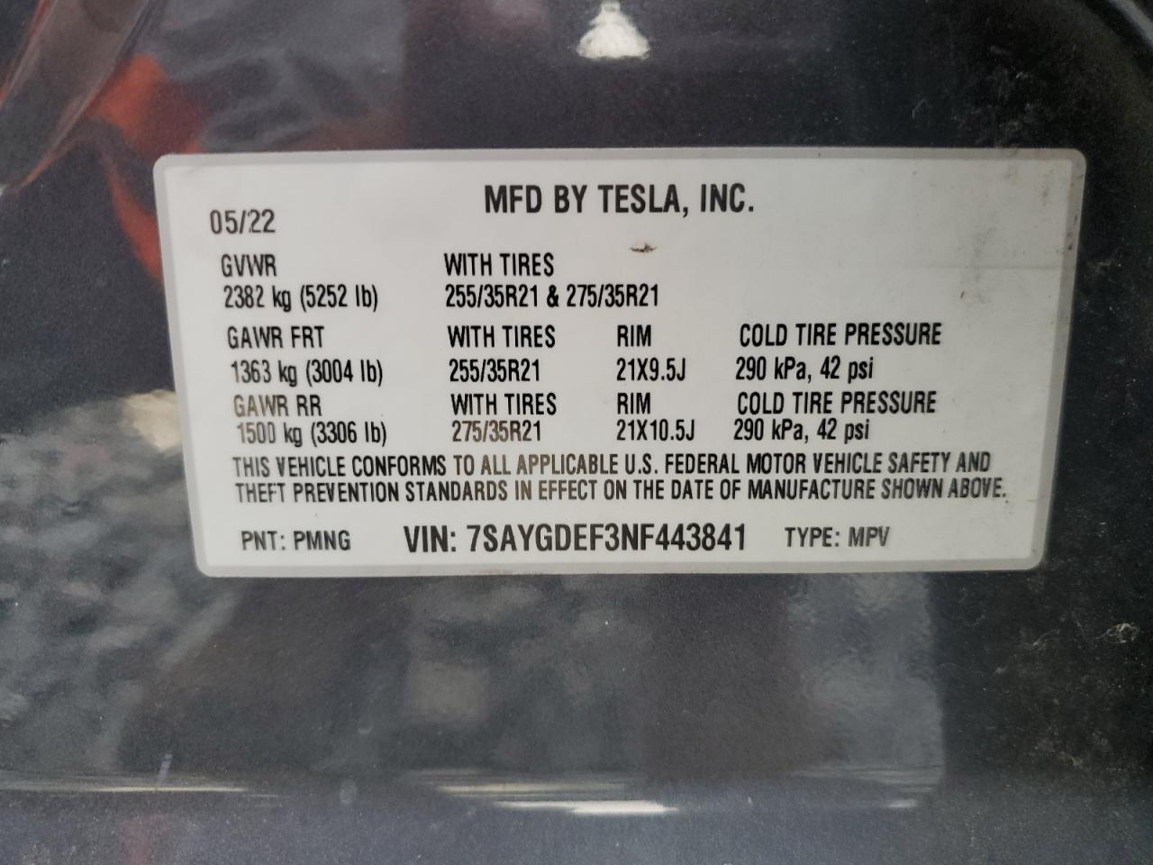 2022 Tesla Model Y VIN: 7SAYGDEF3NF443841 Lot: 63751965