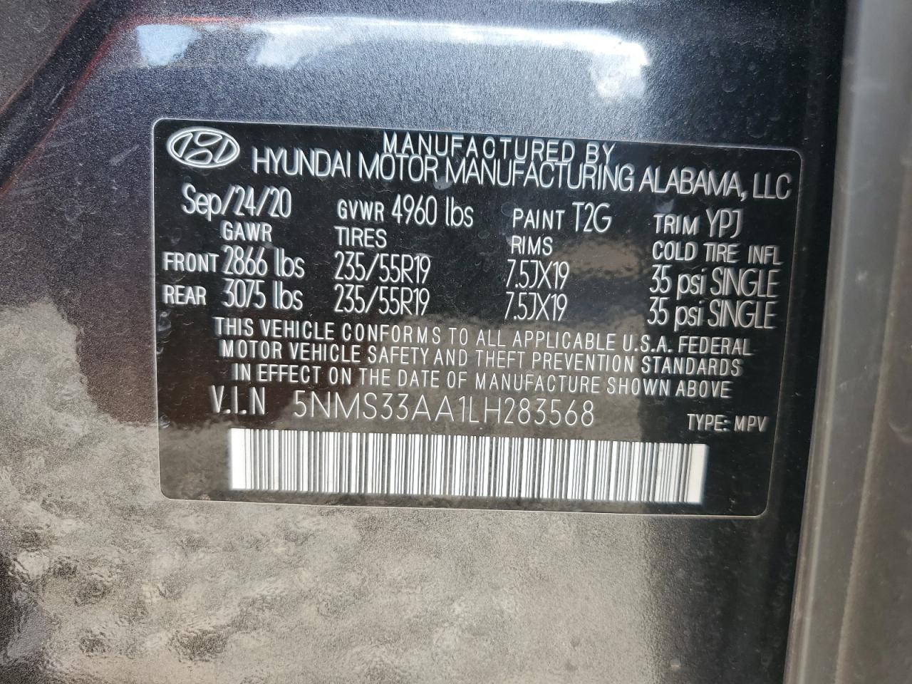 2020 Hyundai Santa Fe Sel VIN: 5NMS33AA1LH283568 Lot: 64987485