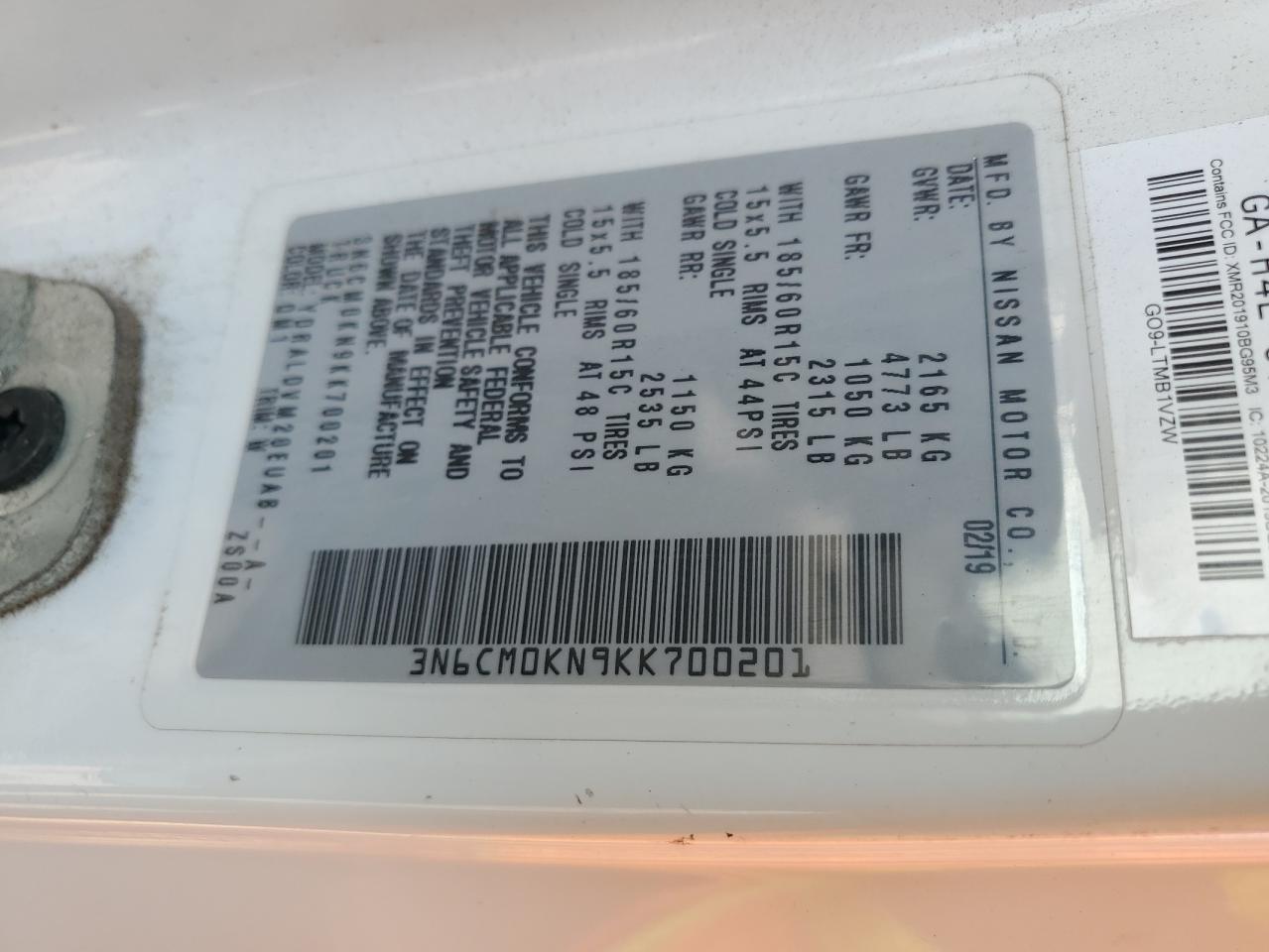 2019 Nissan Nv200 2.5S VIN: 3N6CM0KN9KK700201 Lot: 64320725