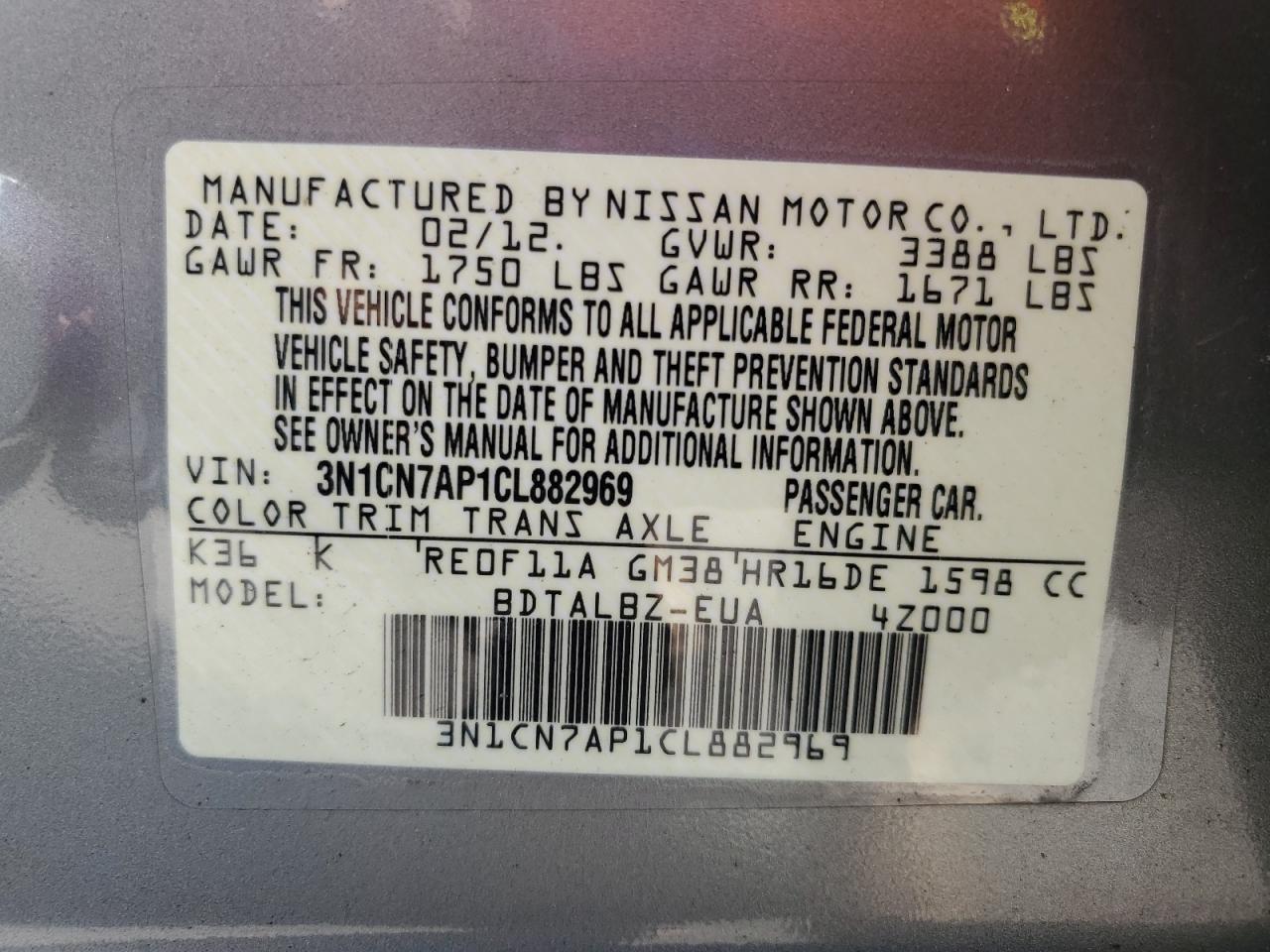 2012 Nissan Versa S VIN: 3N1CN7AP1CL882969 Lot: 64608805