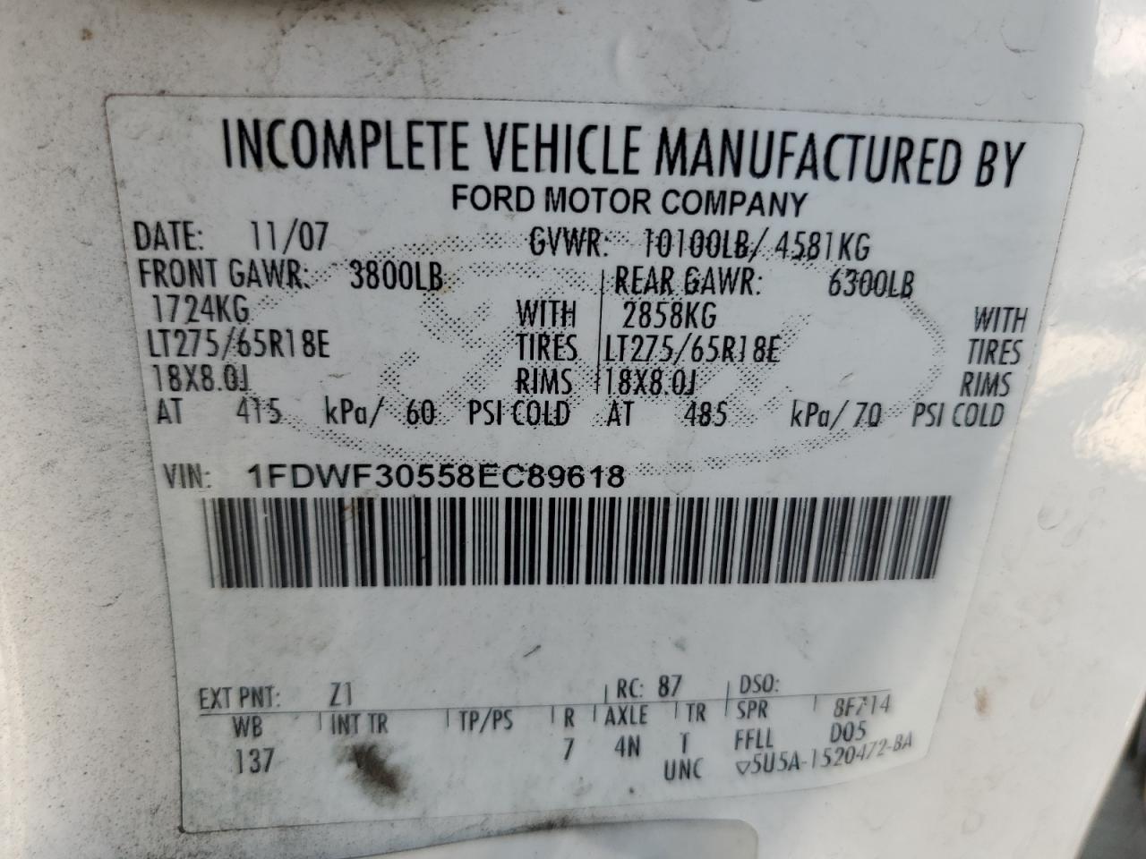 2008 Ford F350 Srw Super Duty VIN: 1FDWF30558EC89618 Lot: 66270885