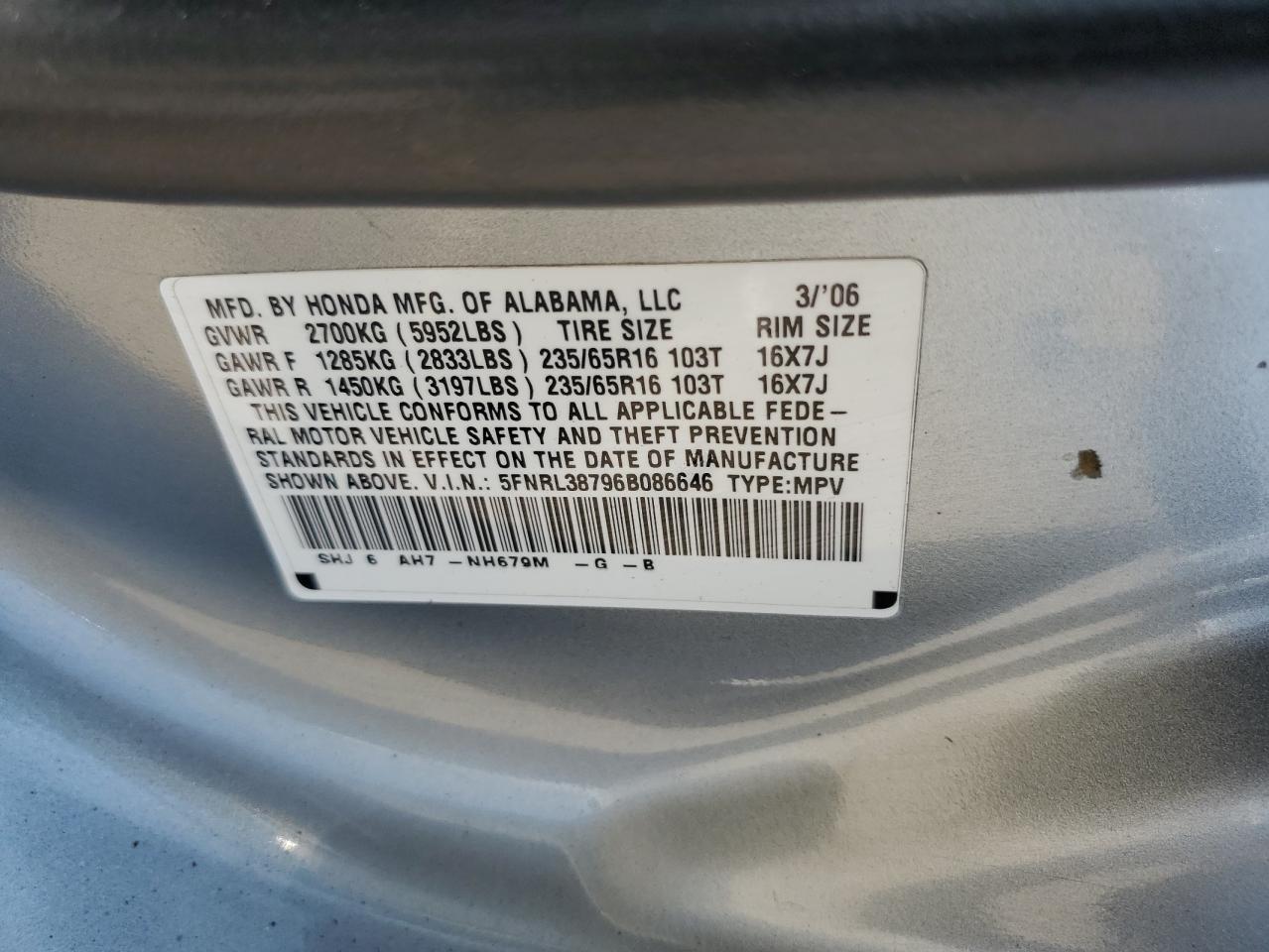 2006 Honda Odyssey Exl VIN: 5FNRL38796B086646 Lot: 65577165