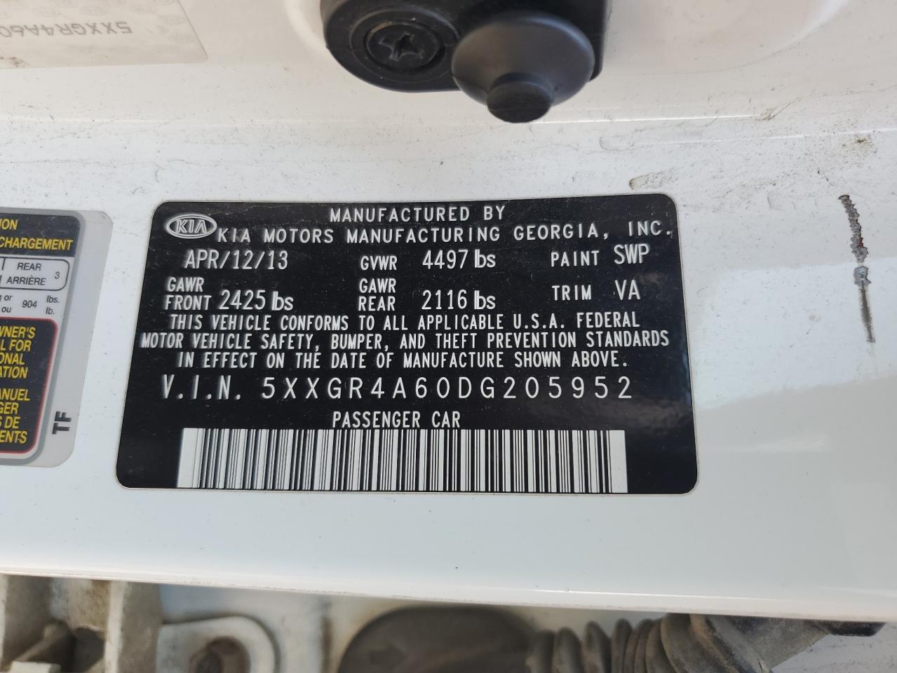 2013 Kia Optima Sx VIN: 5XXGR4A60DG205952 Lot: 63803755