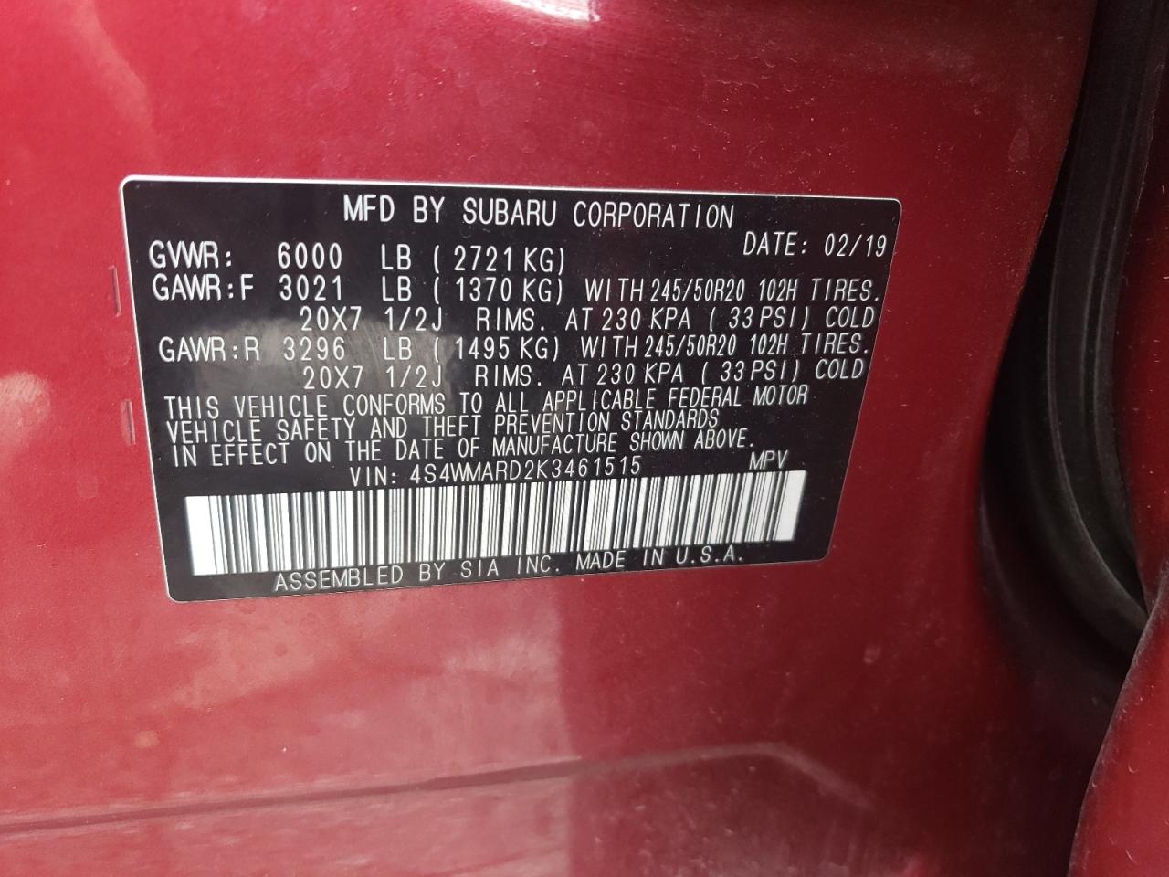 2019 Subaru Ascent Touring VIN: 4S4WMARD2K3461515 Lot: 63505225