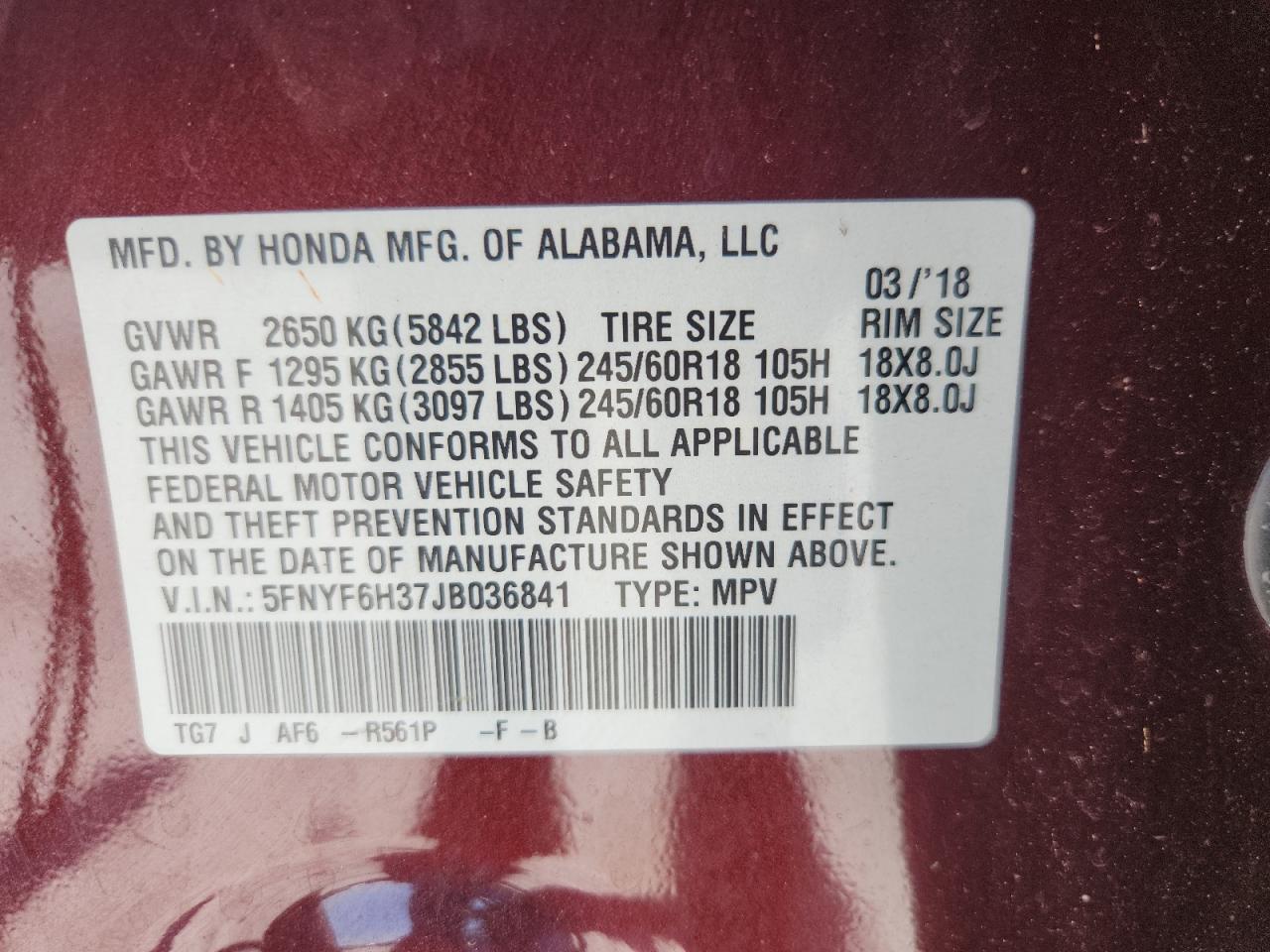 2018 Honda Pilot Ex VIN: 5FNYF6H37JB036841 Lot: 64695555