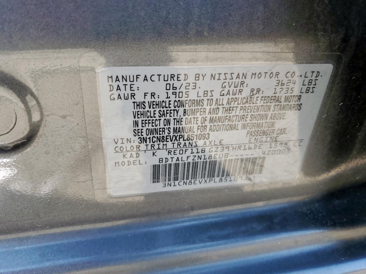 2023 Nissan Versa Sv VIN: 3N1CN8EVXPL851093 Lot: 64483785
