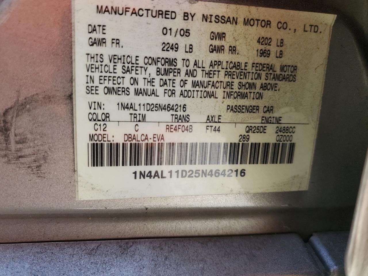 2005 Nissan Altima S VIN: 1N4AL11D25N464216 Lot: 64296245