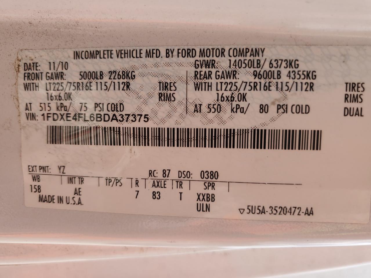 2011 Ford Econoline E450 Super Duty Cutaway Van VIN: 1FDXE4FL6BDA37375 Lot: 63671395