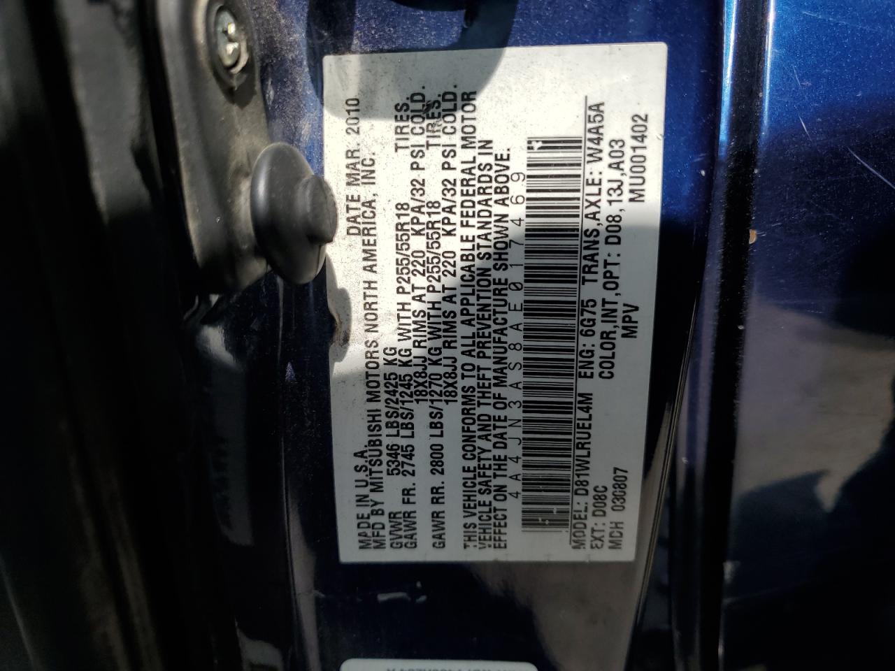 2010 Mitsubishi Endeavor Se VIN: 4A4JN3AS8AE017469 Lot: 64438885