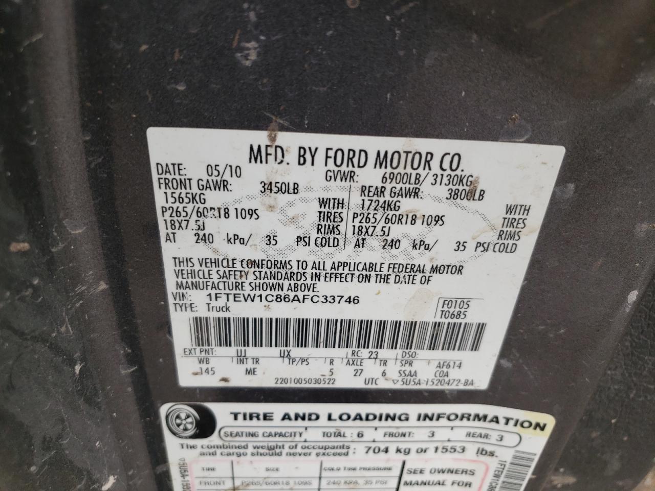 2010 Ford F150 Supercrew VIN: 1FTEW1C86AFC33746 Lot: 68120845
