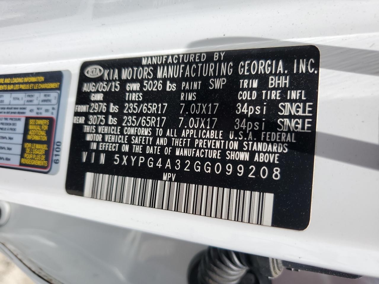 2016 Kia Sorento Lx VIN: 5XYPG4A32GG099208 Lot: 65453405