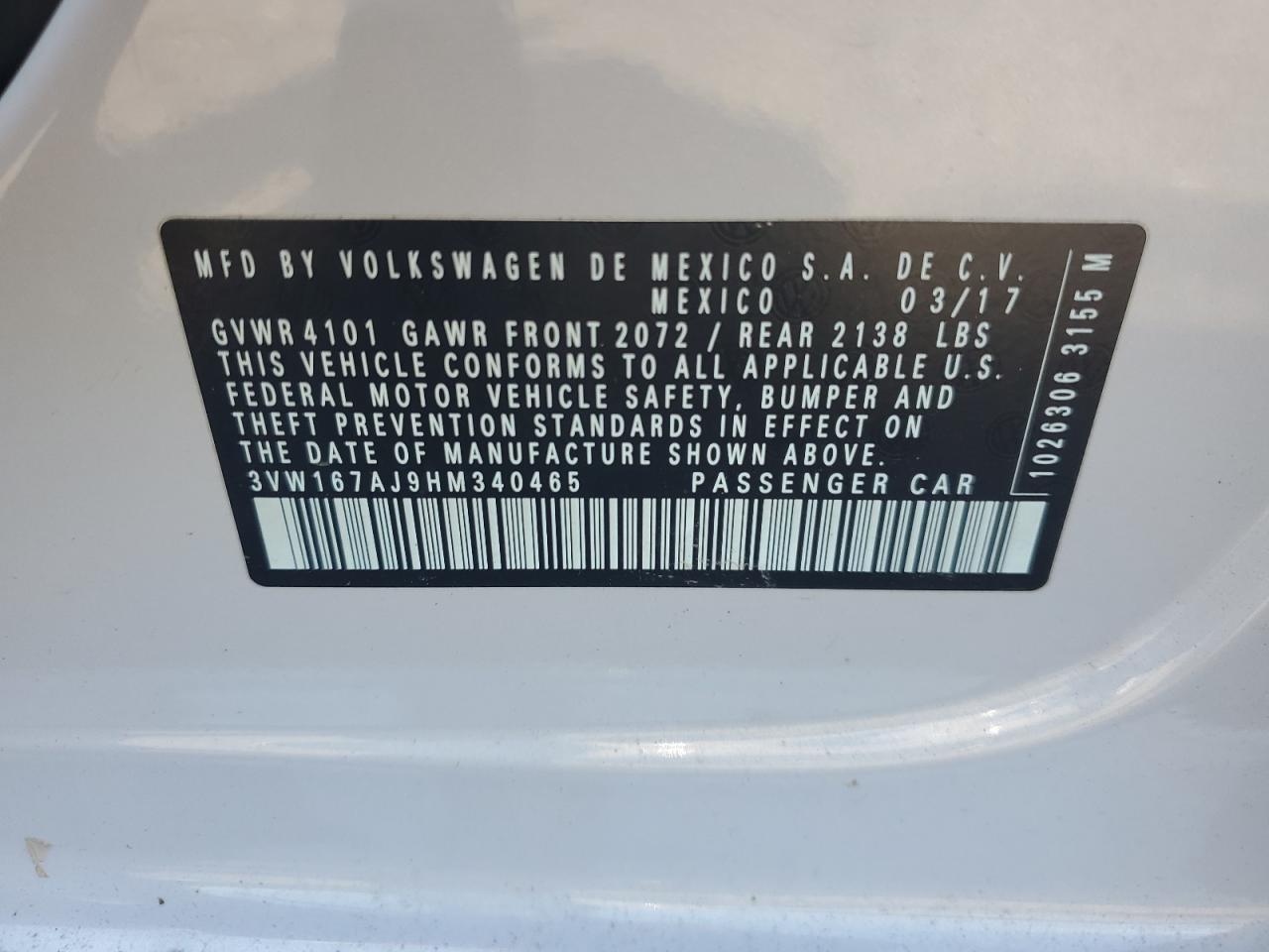 2017 Volkswagen Jetta S VIN: 3VW167AJ9HM340465 Lot: 63296535