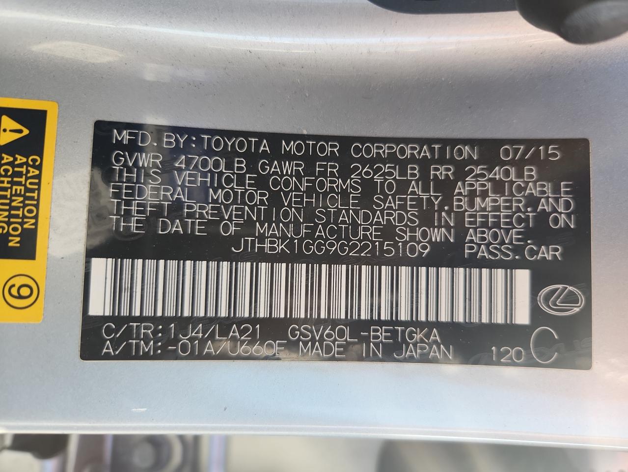2016 Lexus Es 350 VIN: JTHBK1GG9G2215109 Lot: 63466095