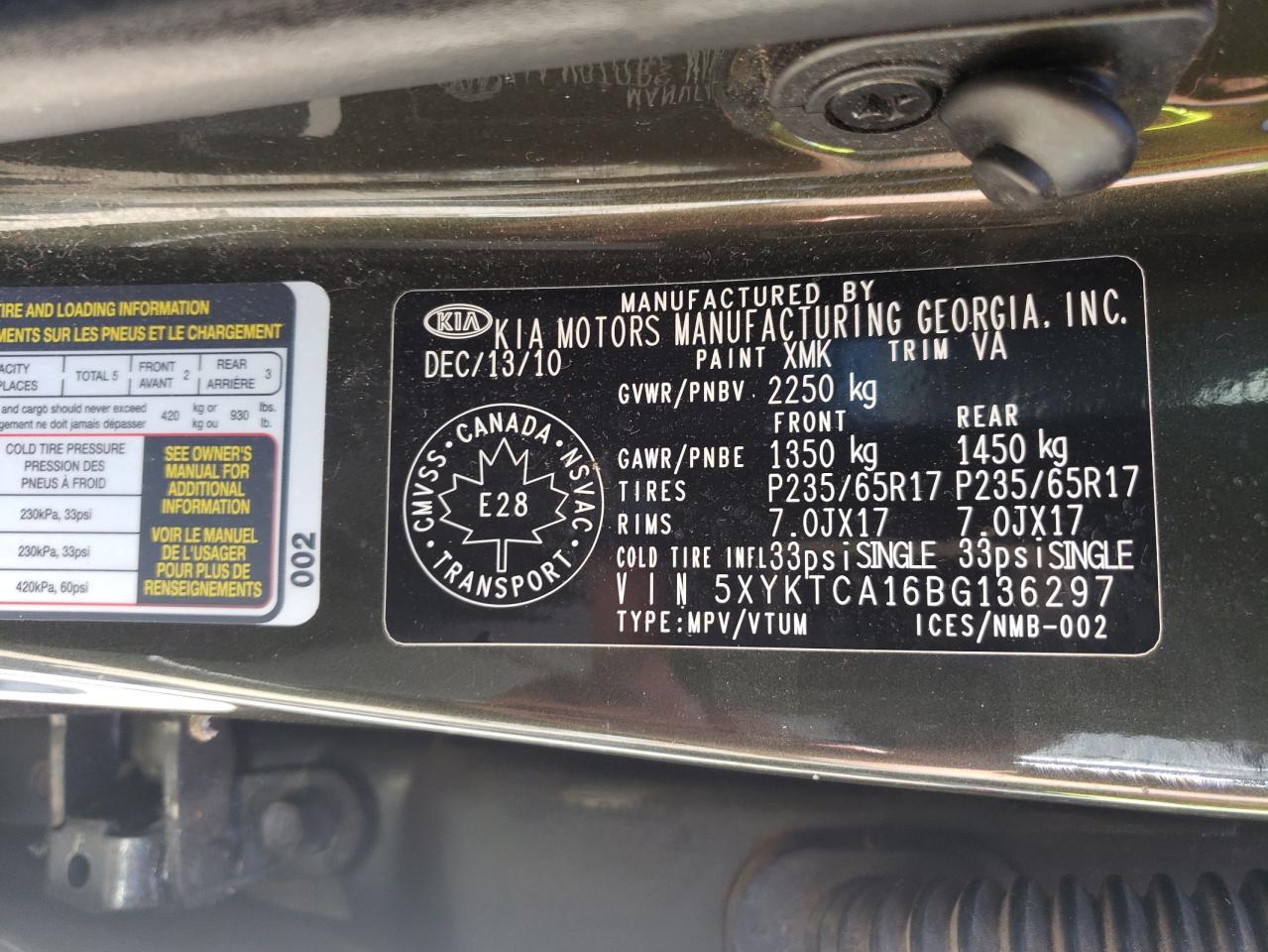 5XYKTCA16BG136297 2011 Kia Sorento Base