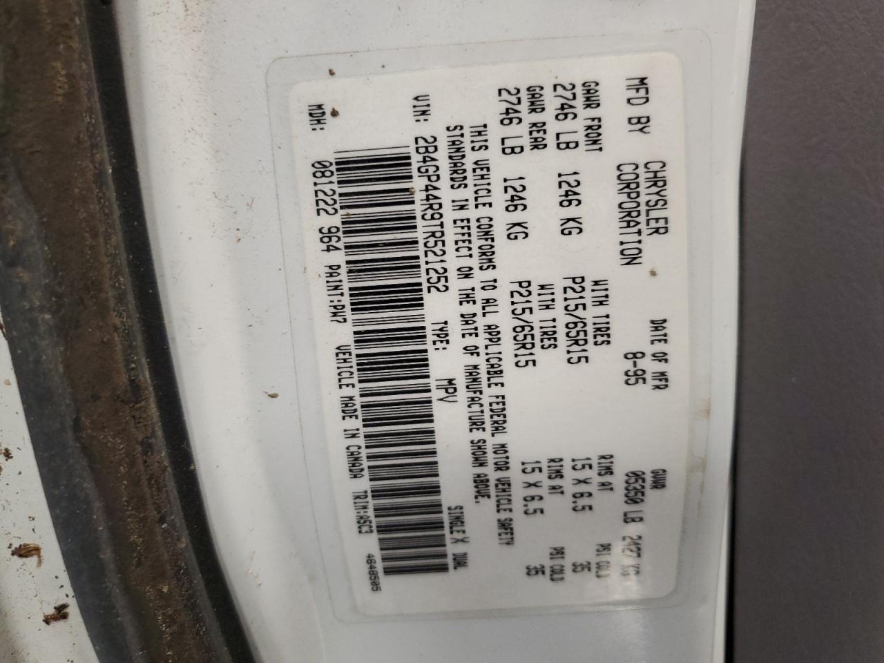1996 Dodge Grand Caravan Se VIN: 2B4GP44R9TR521252 Lot: 63252675