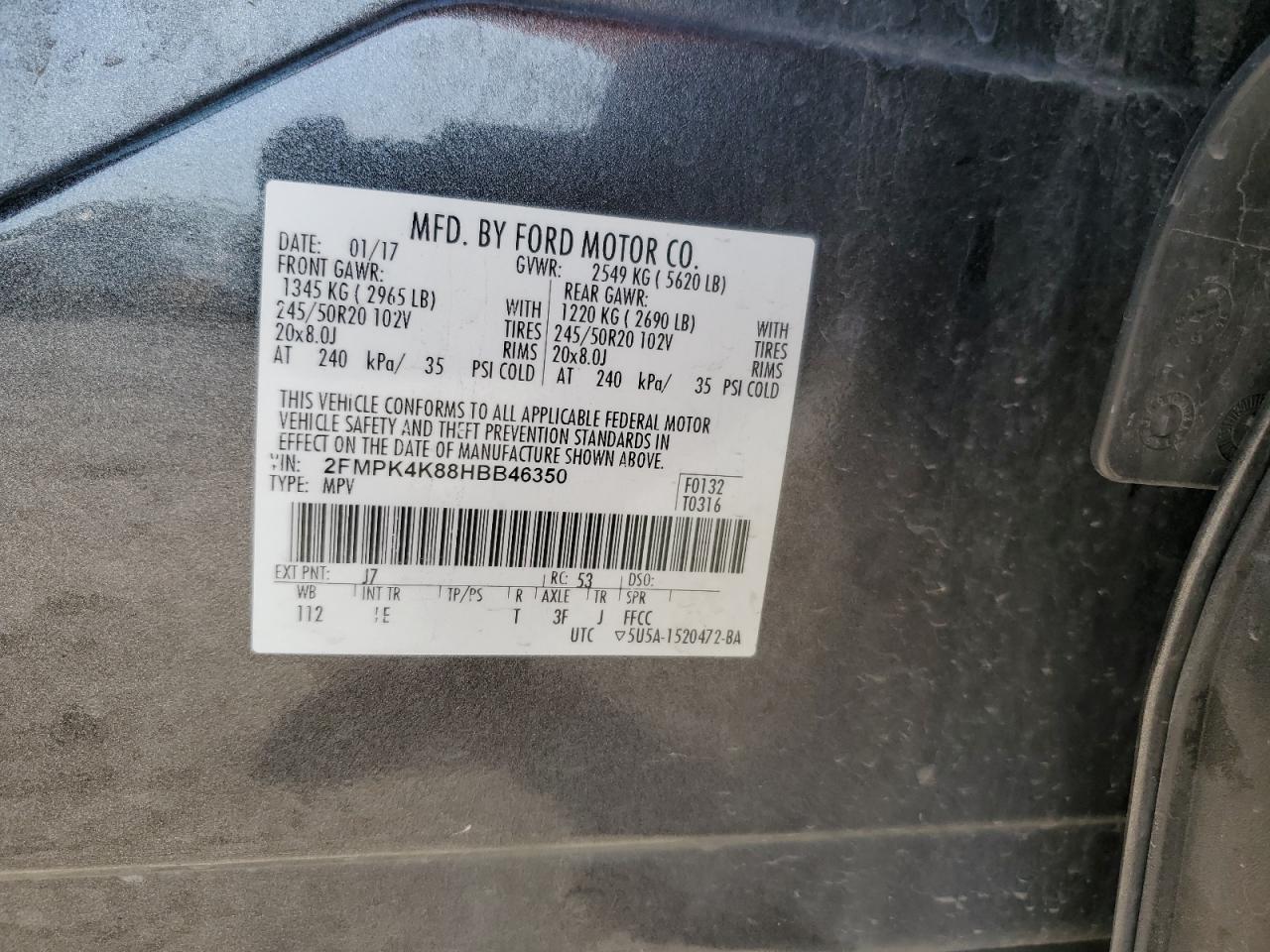 2017 Ford Edge Titanium VIN: 2FMPK4K88HBB46350 Lot: 63831005