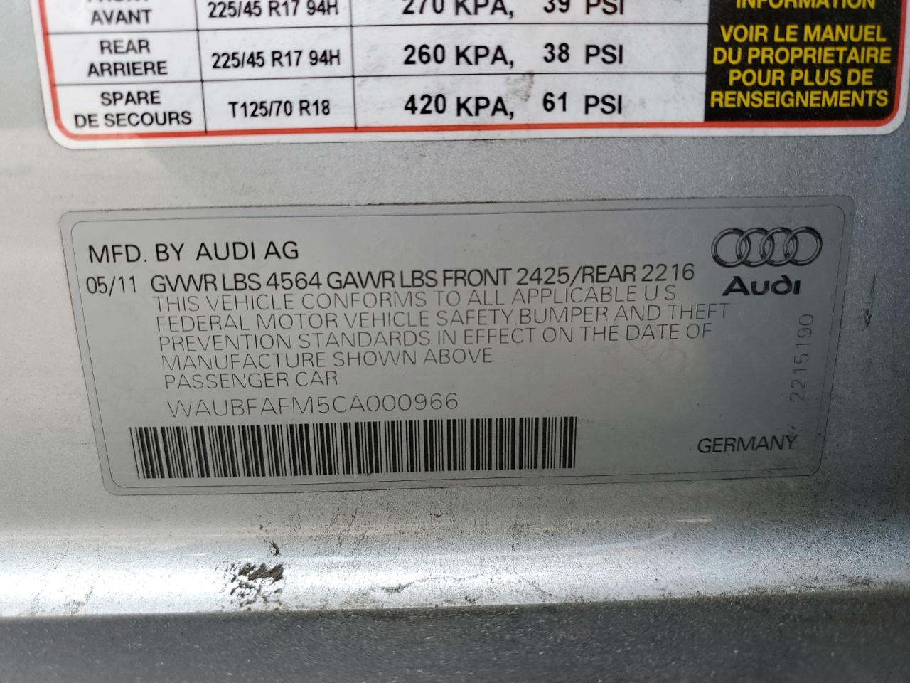 2012 Audi A3 Premium VIN: WAUBFAFM5CA000966 Lot: 62827765