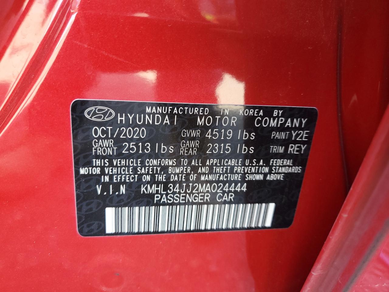 2021 Hyundai Sonata Hybrid VIN: KMHL34JJ2MA024444 Lot: 65262835