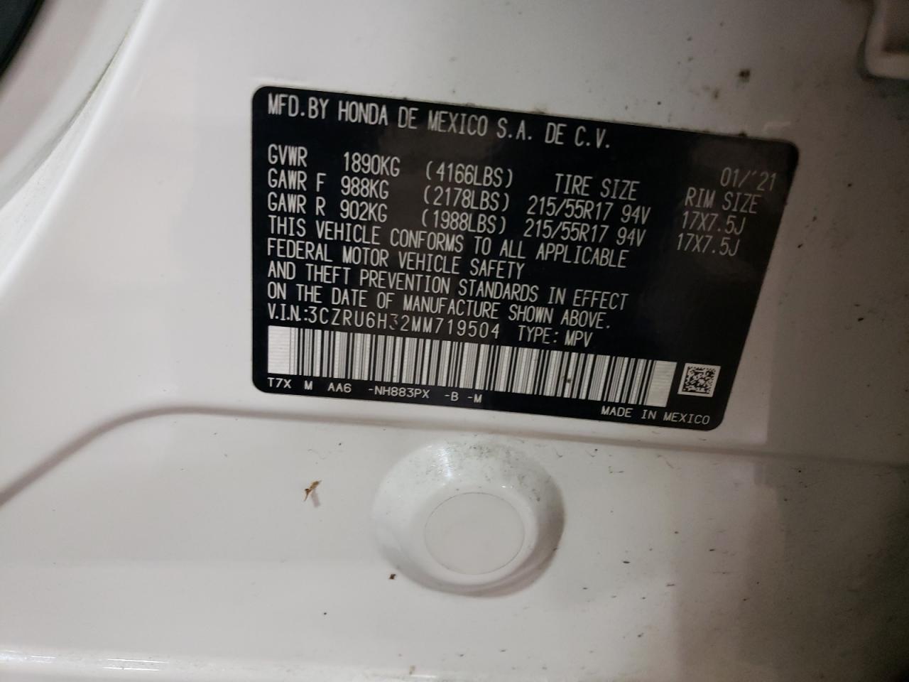 2021 Honda Hr-V Lx VIN: 3CZRU6H32MM719504 Lot: 63569215