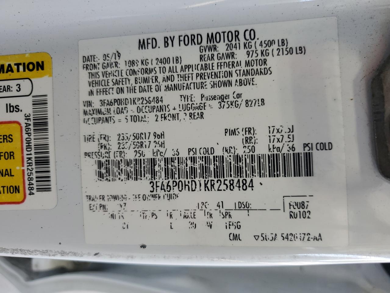 2019 Ford Fusion Se VIN: 3FA6P0HD1KR258484 Lot: 65695425