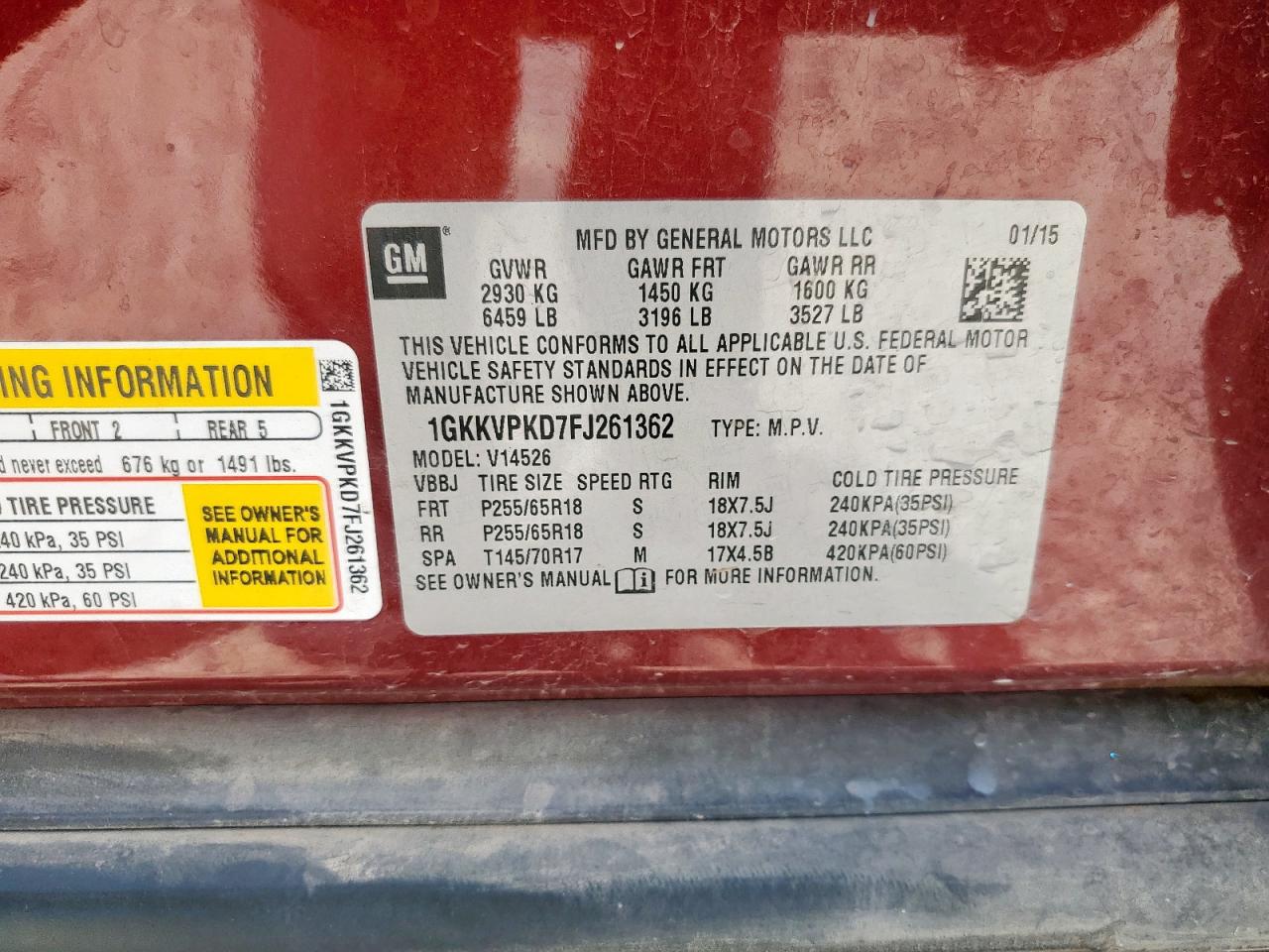 1gkkvpkd7fj261362 1GKKVPKD7FJ261362 2015 GMC Acadia Sle