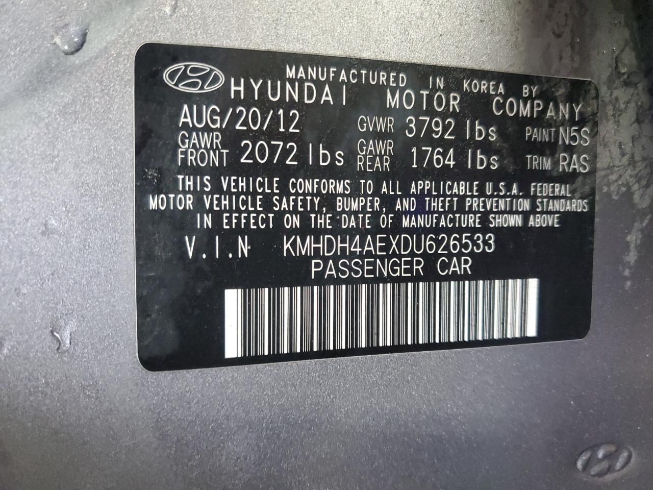 2013 Hyundai Elantra Gls VIN: KMHDH4AEXDU626533 Lot: 64666025