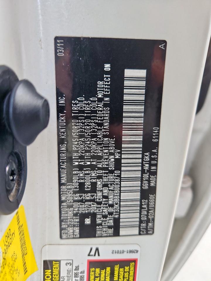 2011 Toyota Venza VIN: 4T3ZK3BBXBU038710 Lot: 64645695