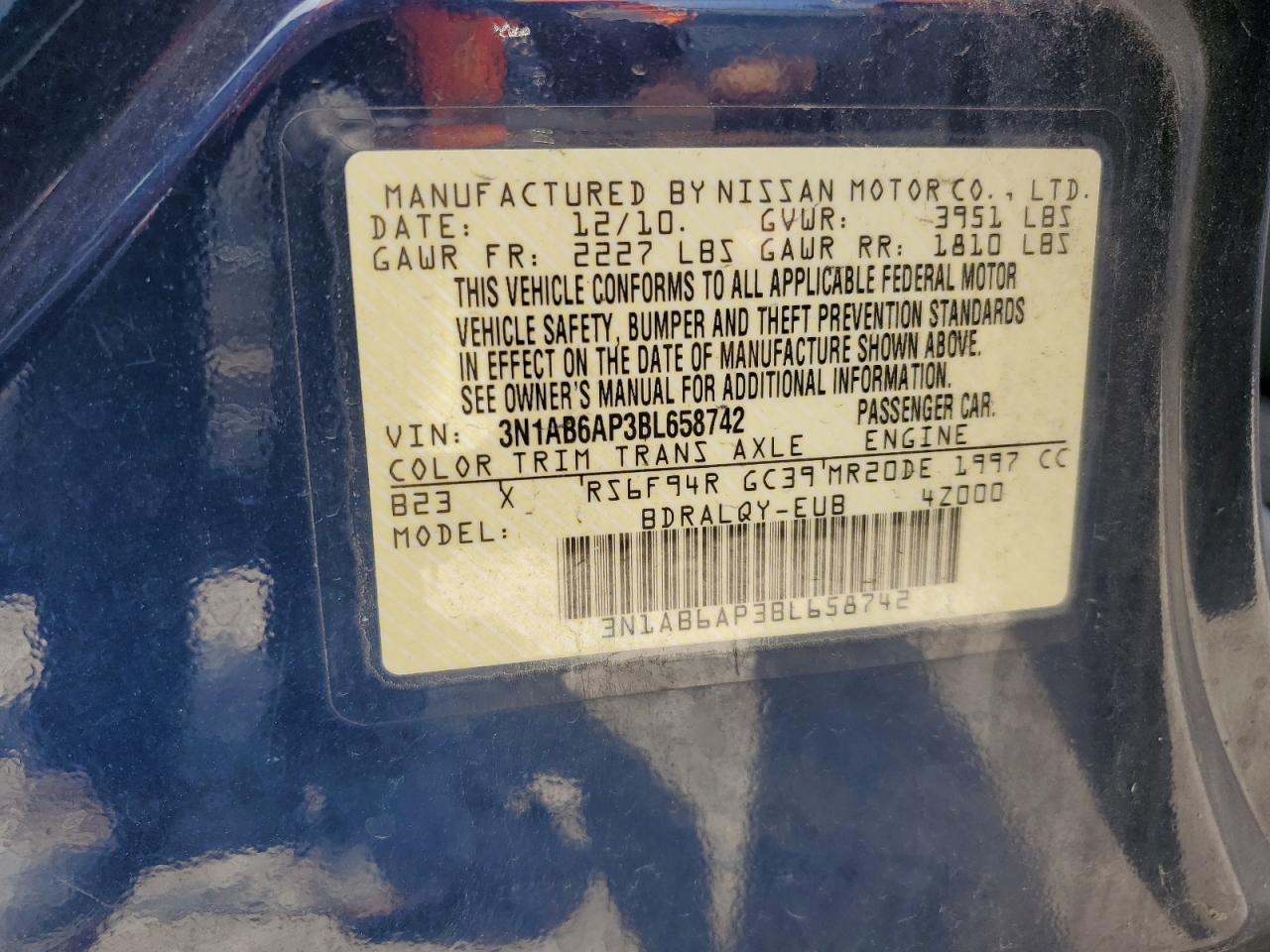 2011 Nissan Sentra 2.0 VIN: 3N1AB6AP3BL658742 Lot: 63977775