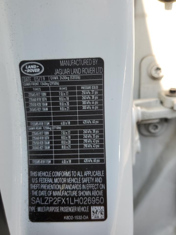 2020 Land Rover Range Rover Evoque Se VIN: SALZP2FX1LH026950 Lot: 67010405