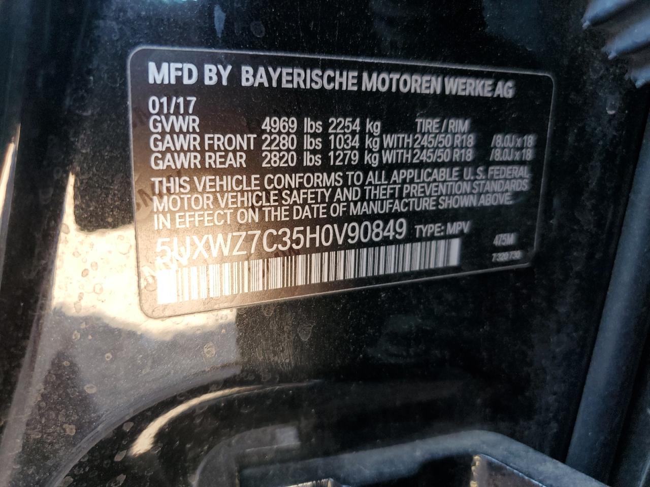 2017 BMW X3 Sdrive28I VIN: 5UXWZ7C35H0V90849 Lot: 65198385