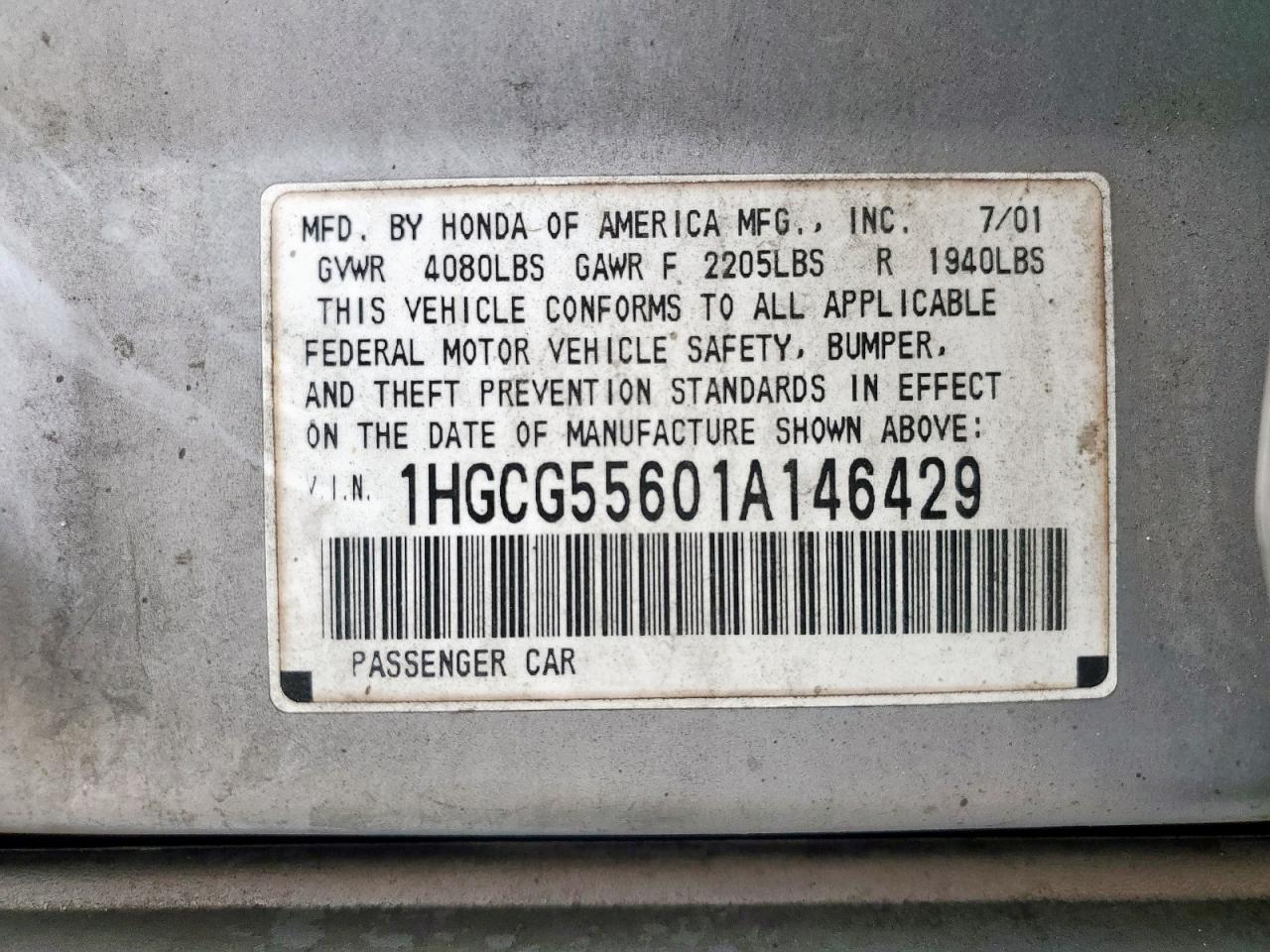 2001 Honda Accord Ex VIN: 1HGCG55601A146429 Lot: 63848915