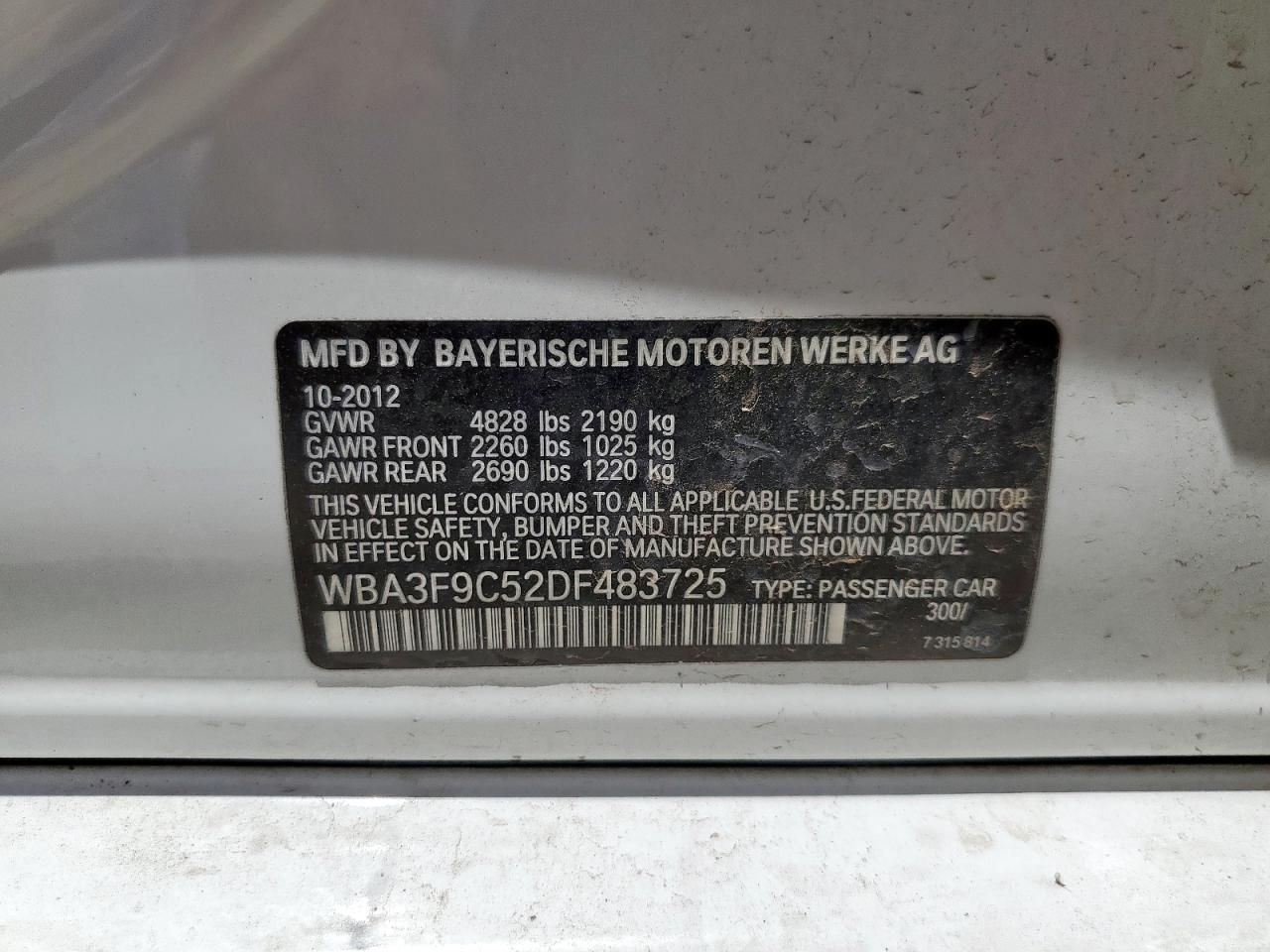 2013 BMW Activehybrid 3 VIN: WBA3F9C52DF483725 Lot: 63329135
