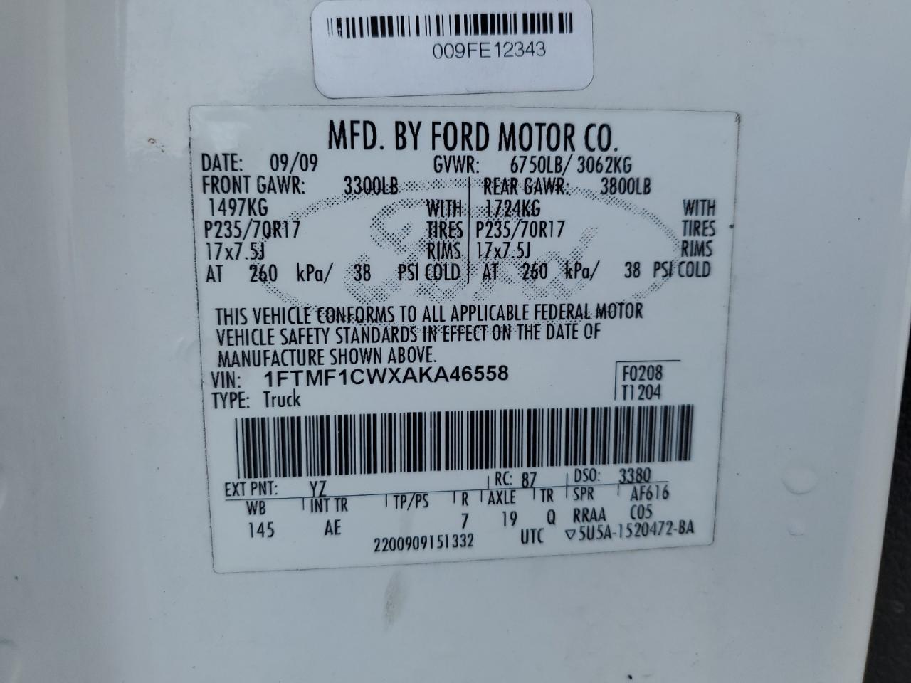 2010 Ford F150 VIN: 1FTMF1CWXAKA46558 Lot: 67034495