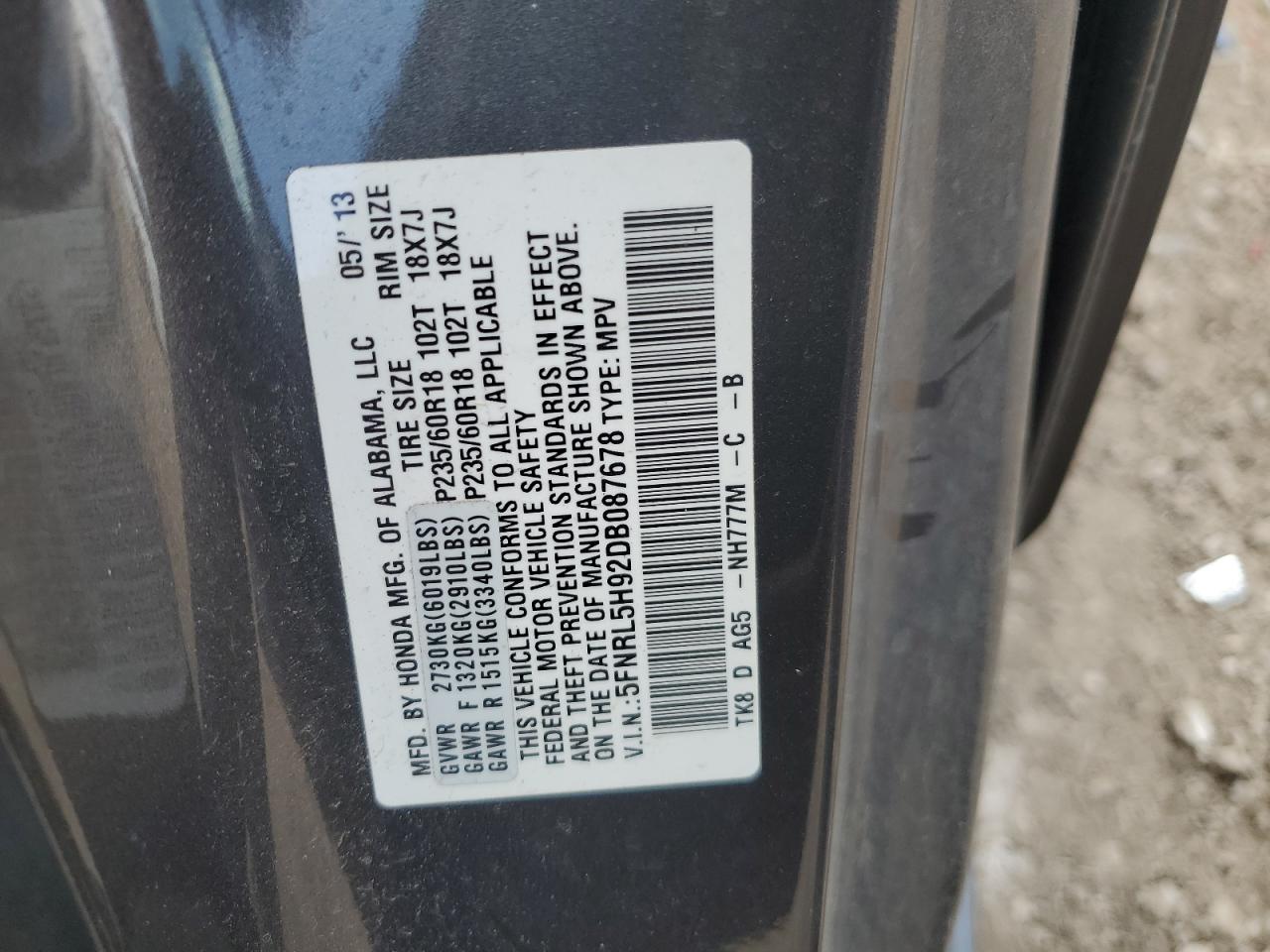 2013 Honda Odyssey Touring VIN: 5FNRL5H92DB087678 Lot: 63158645