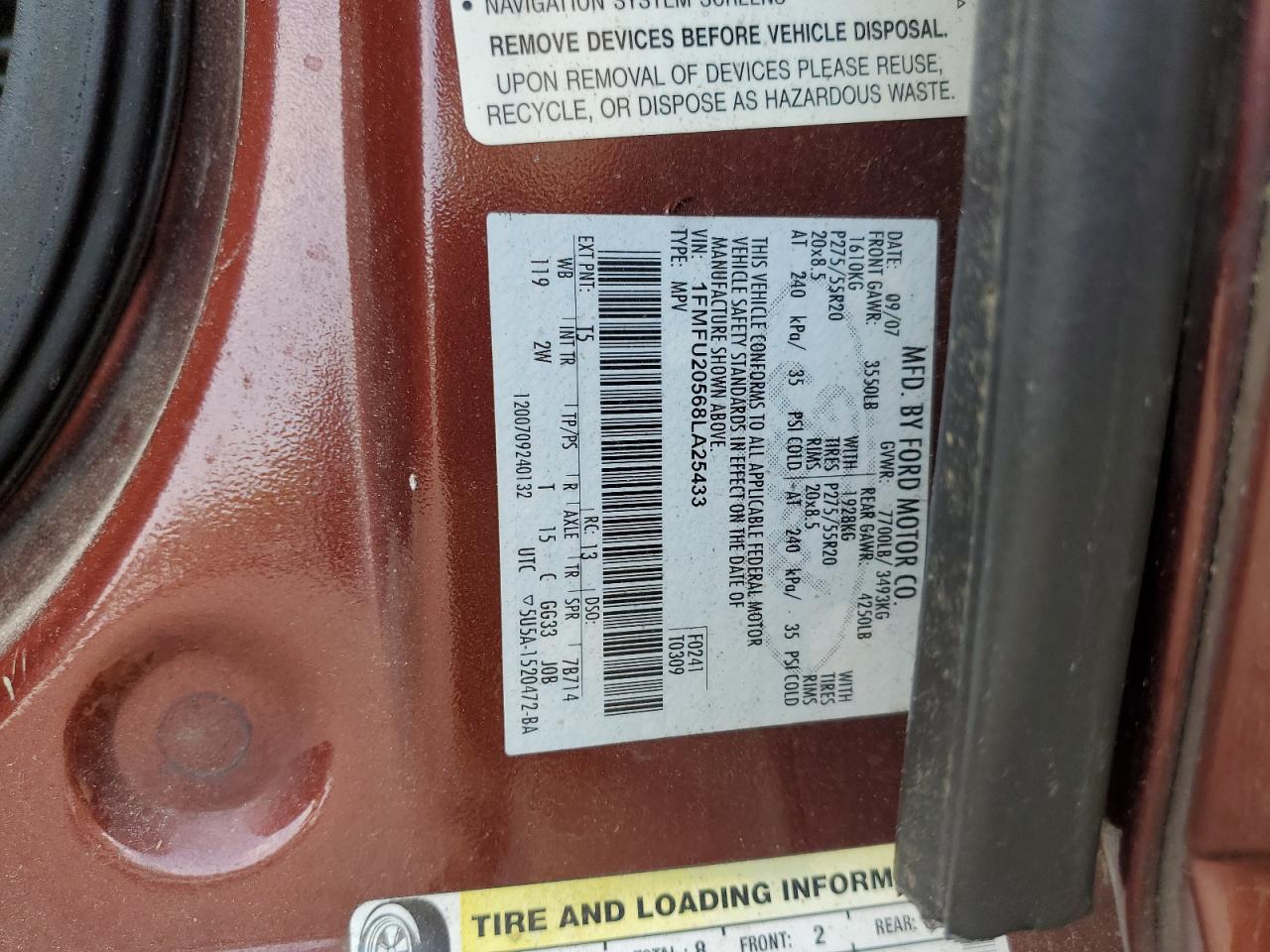 2008 Ford Expedition Limited VIN: 1FMFU20568LA25433 Lot: 66019835