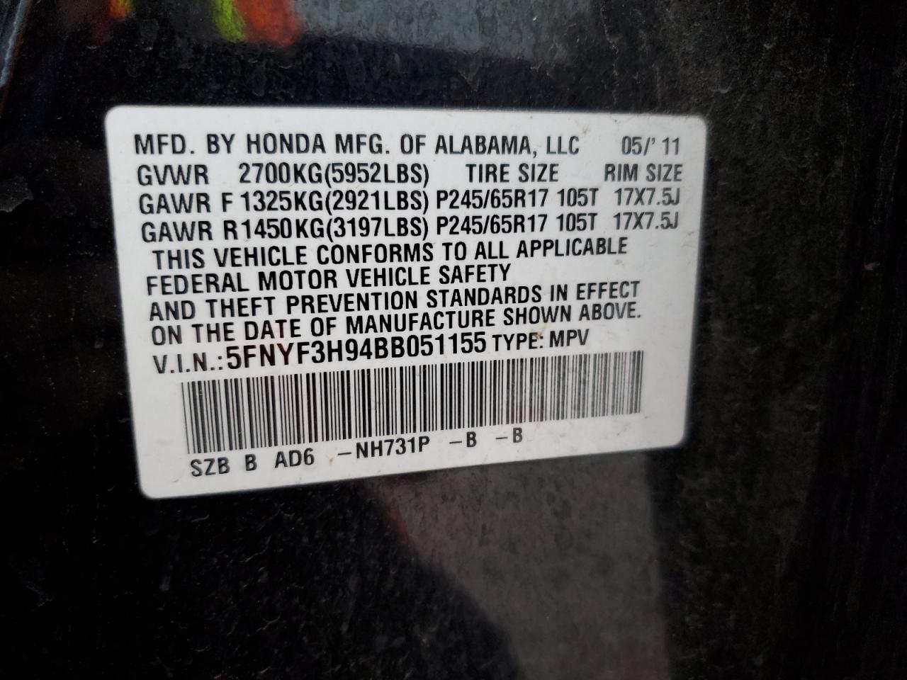 2011 Honda Pilot Touring VIN: 5FNYF3H94BB051155 Lot: 65581805