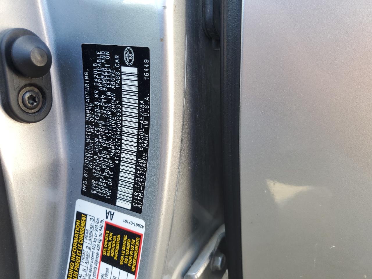 2019 Toyota Avalon Xle VIN: 4T1BZ1FB4KU026931 Lot: 64671255