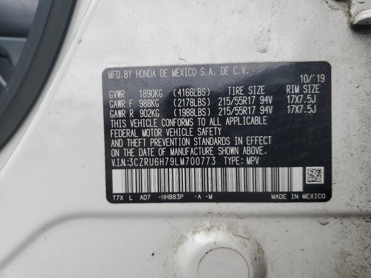 2020 Honda Hr-V Exl VIN: 3CZRU6H79LM700773 Lot: 64123165