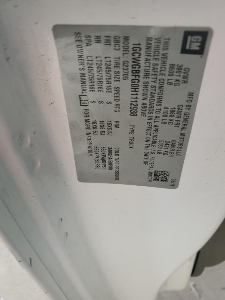 2017 Chevrolet Express G2500 VIN: 1GCWGBFG0H1112938 Lot: 64773195