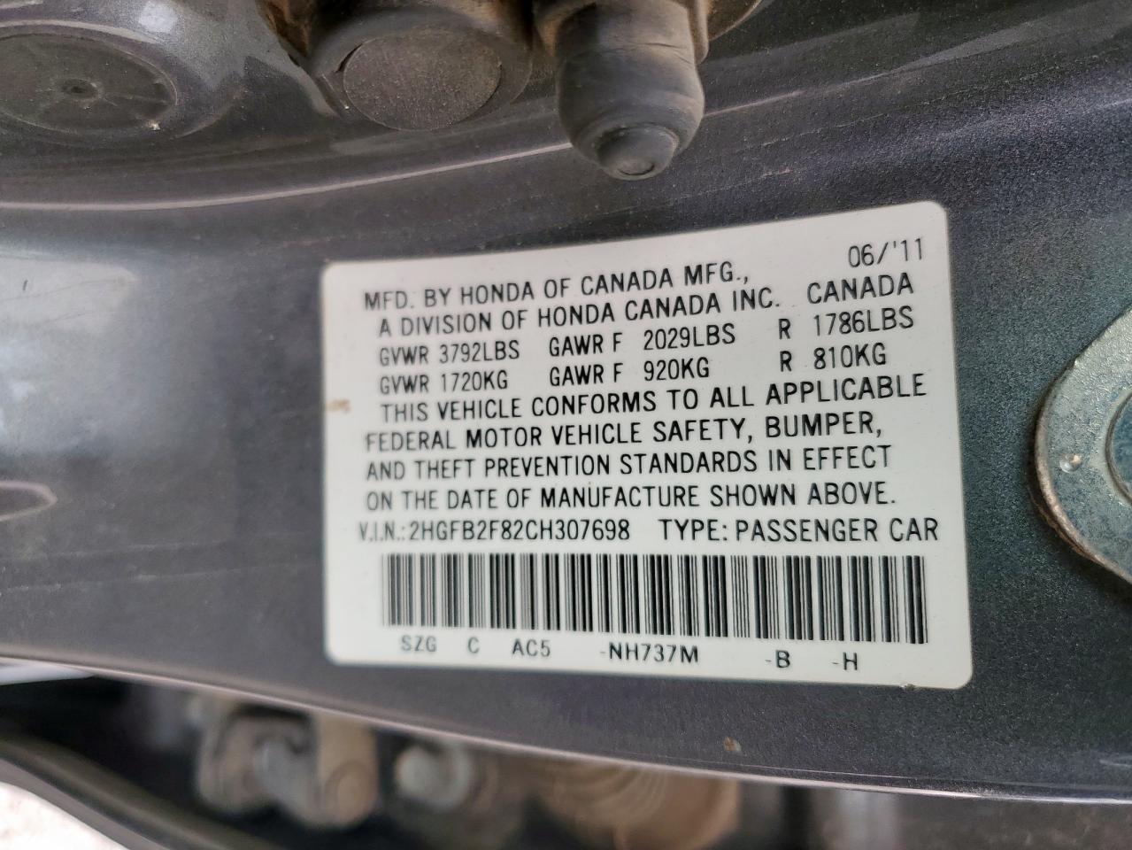 2012 Honda Civic Ex VIN: 2HGFB2F82CH307698 Lot: 65003335