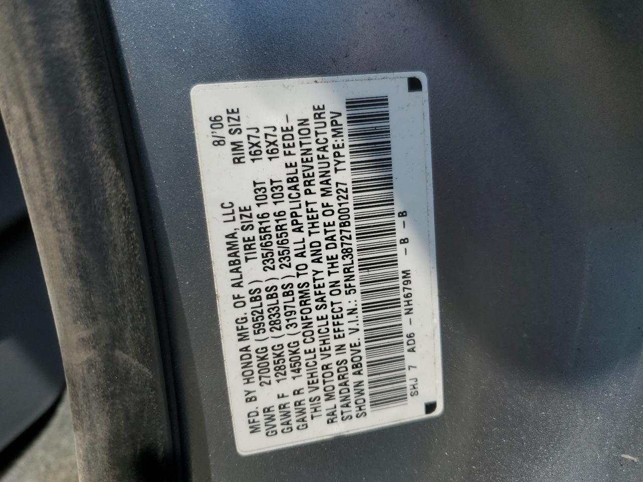 2007 Honda Odyssey Exl VIN: 5FNRL38727B001227 Lot: 65419665