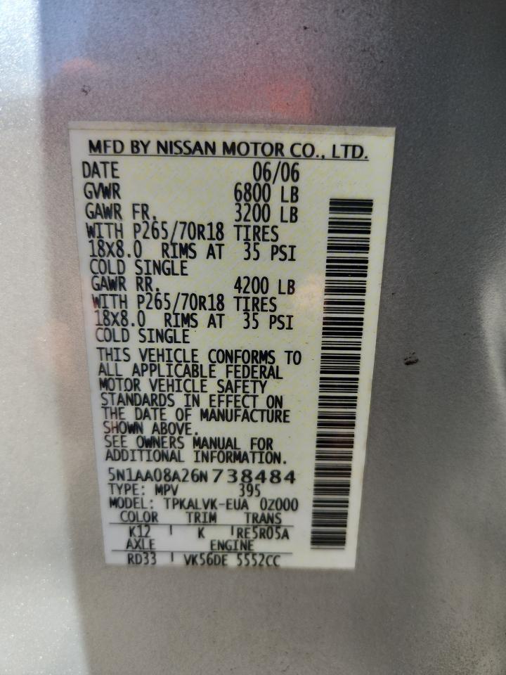 2006 Nissan Armada Se VIN: 5N1AA08A26N738484 Lot: 65095265