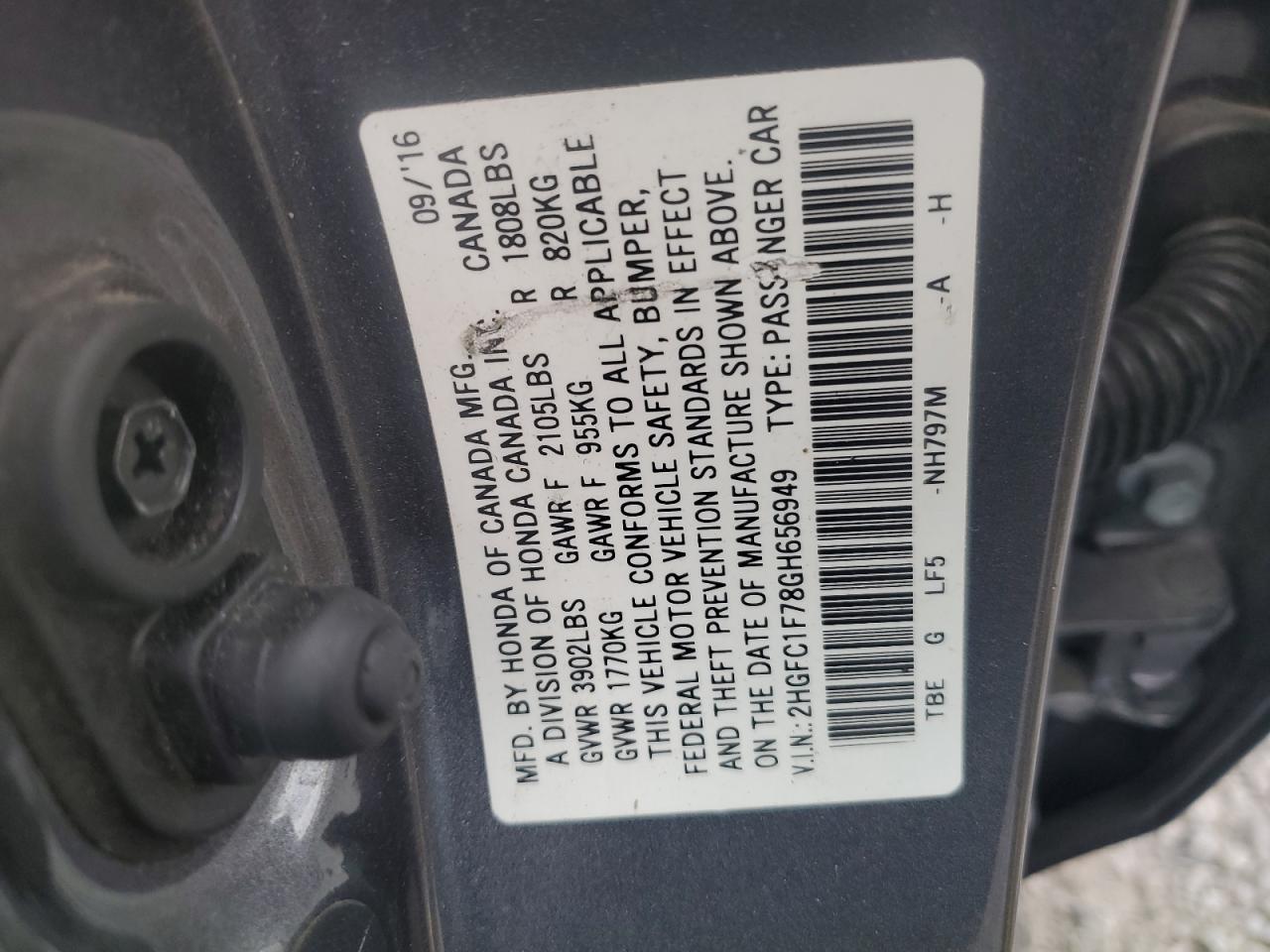 2016 Honda Civic Exl VIN: 2HGFC1F78GH656949 Lot: 63076175