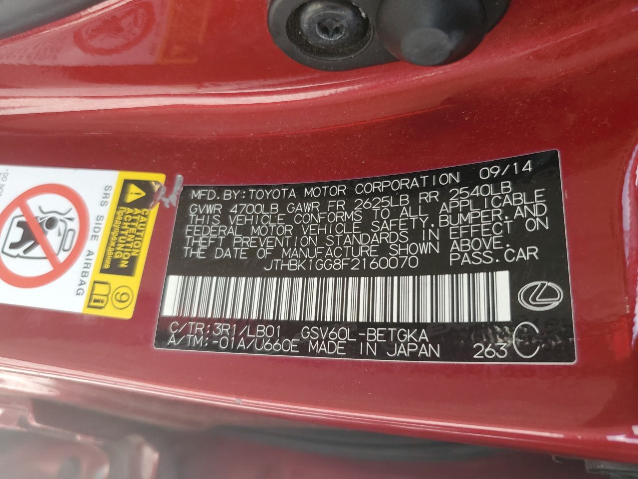 2015 Lexus Es 350 VIN: JTHBK1GG8F2160070 Lot: 63432565